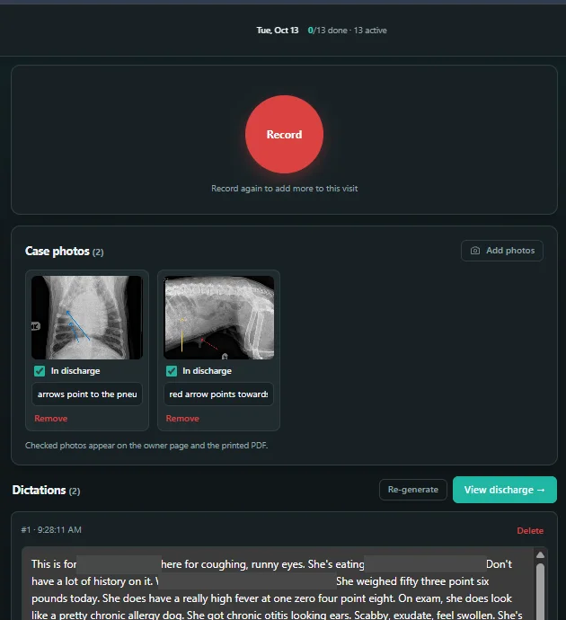 Hearthstone Scribe recording screen with two case X-rays and the start of the dictation, names blurred