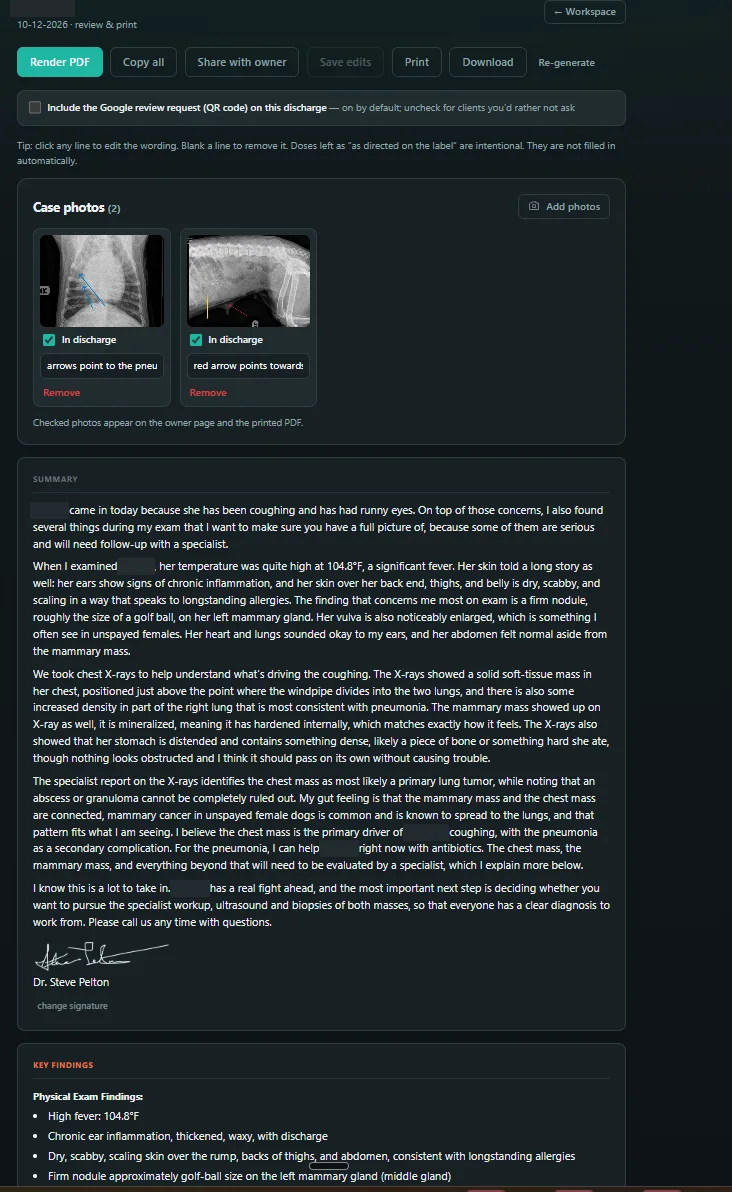 Discharge editor showing the owner summary written from that dictation, with the X-rays attached, names blurred