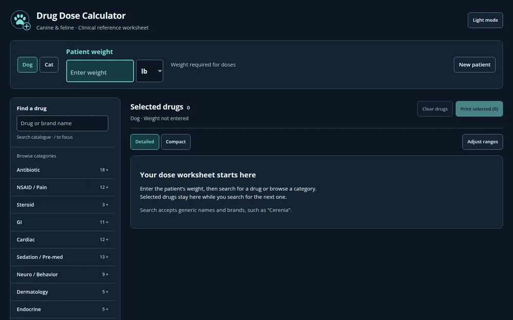 Drug Dose Calculator: Dose math for the drugs I actually reach for. Unglamorous, used constantly, and public if you want to try it.